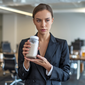 Busy woman with Herbalife Formula 1 + Protein Drink Mix On The Go Packet
