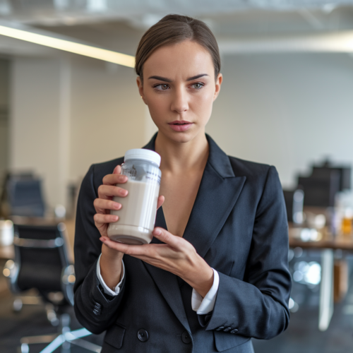 Busy woman with Herbalife Formula 1 + Protein Drink Mix On The Go Packet