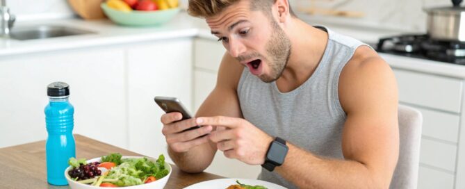 Fit man, looking surprised while checking a calorie-tracking app on his phone