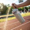 a-dynamic--slightly-angled-shot-of-a-frosted-metal metal shaker bottle with a plant-based protein shake inside
