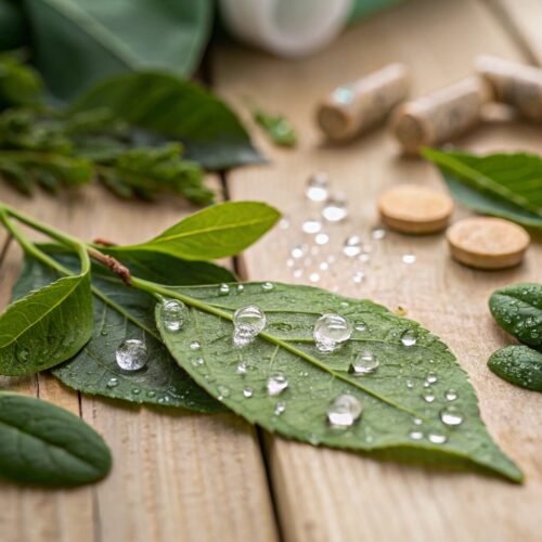 fresh Gymnema leaves with morning dew drops, shimmering chromium crystals, and a Herbalife Snack Defense tablet