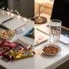 a busy desk scattered with junk food and candy wrappers in dim lighting