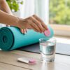 energy-lifestyle preparing a refreshing drink with a pink effervescent tablet after a yoga session