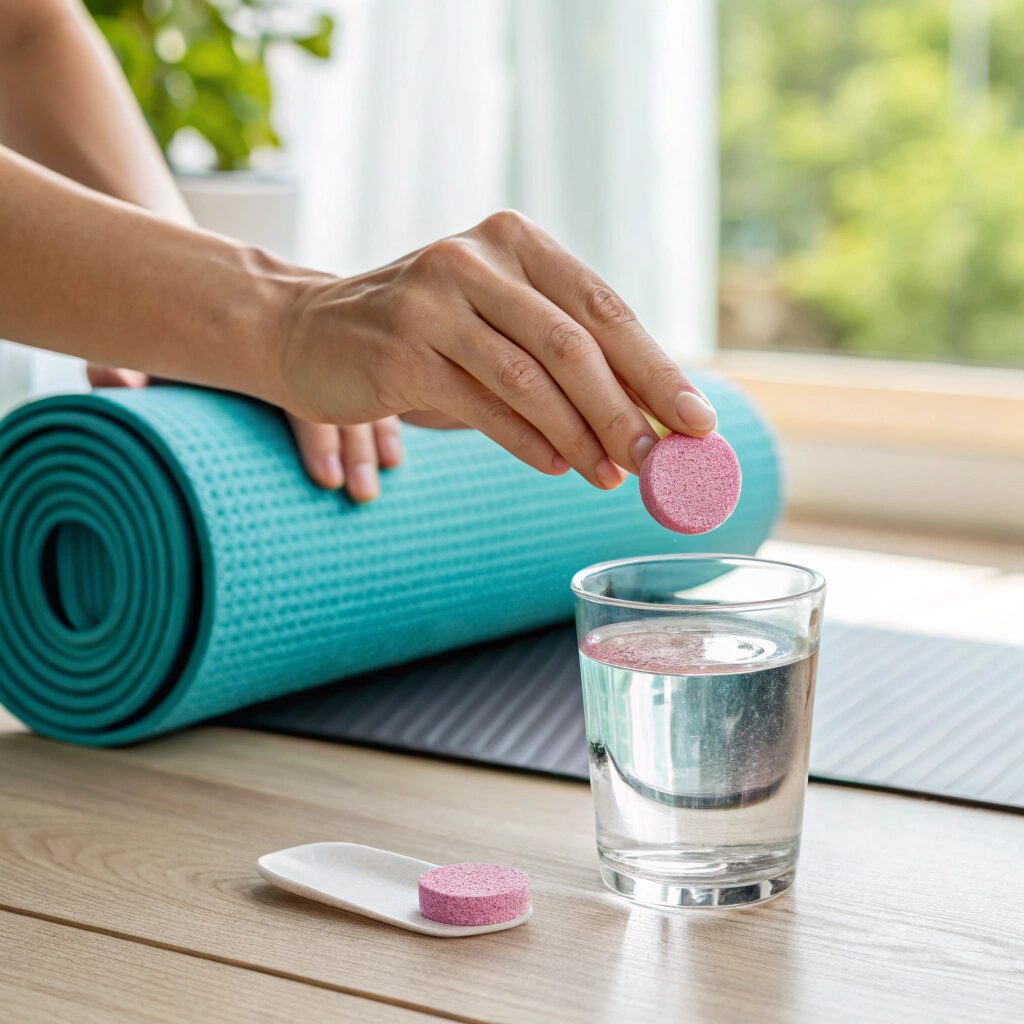 preparing a refreshing drink with a pink effervescent tablet after a yoga session