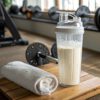 fitness-and-protein-shake glass shaker bottle containing dairy and whey-based Herbalife24 protein shake.