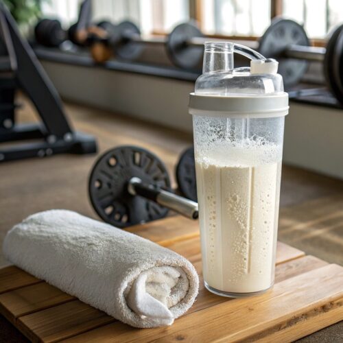 glass shaker bottle containing dairy and whey-based Herbalife24 protein shake.