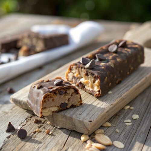 chocolate sport protein bar resting on a rough-hewn wooden surface