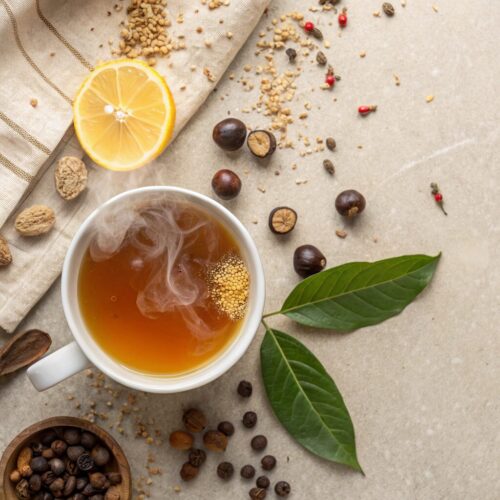 steaming cup of guarana tea surrounded by raw guarana seeds