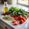 fresh ingredients known to support prostate health - include tomatoes, pumpkin seeds, leafy greens, berries, bottle of olive oil